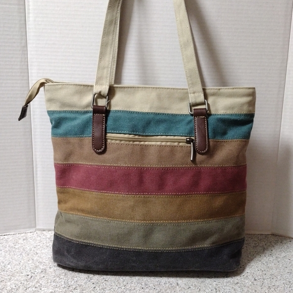 MANJIANGHONG Multi Coloured Striped Canvas Tote Shoulder Bag Casual Handbag - Picture 6 of 9